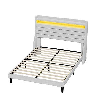 White LED Upholstered Bed Frame with Headboard, Charging Station & 2 tier Storage