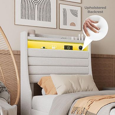 White LED Upholstered Bed Frame with Headboard, Charging Station & 2-Tier Storage