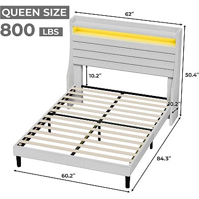 White LED Upholstered Bed Frame with Headboard, Charging Station & 2-Tier Storage