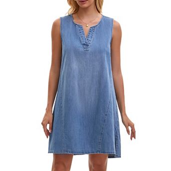 Women's Sleeveless Denim Dress Knee Length Casual Loose Tunic Jean Dress