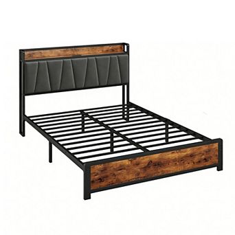 Vintage Brown Bed Frame with Storage Headboard & 4 Drawers, Charging Station & Easy Assembly