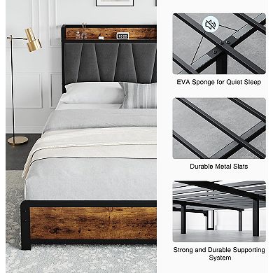 Vintage Brown Bed Frame with Storage Headboard & 4 Drawers, Charging Station & Easy Assembly
