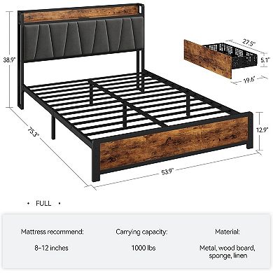 Vintage Brown Bed Frame with Storage Headboard & 4 Drawers, Charging Station & Easy Assembly