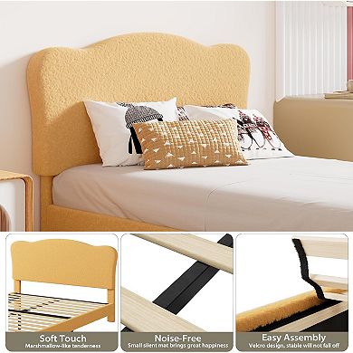 Modern Upholstered Bed Frame with Adjustable Boucle Headboard, Wood Slats & Easy Assembly