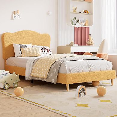 Modern Upholstered Bed Frame with Adjustable Boucle Headboard, Wood Slats & Easy Assembly