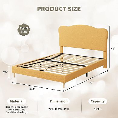 Modern Upholstered Bed Frame with Adjustable Boucle Headboard, Wood Slats & Easy Assembly