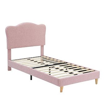 Modern Upholstered Bed Frame with Adjustable Boucle Headboard, Wood Slats & Easy Assembly
