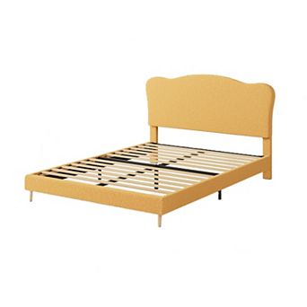 Modern Upholstered Bed Frame with Adjustable Boucle Headboard, Wood Slats & Easy Assembly