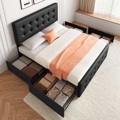 Full Upholstered Bed Frame with Adjustable Headboard & 4 Drawers, Noise Free & Easy Assembly