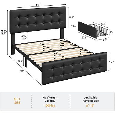 Full Upholstered Bed Frame with Adjustable Headboard & 4 Drawers, Noise Free & Easy Assembly