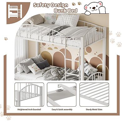 Twin Over Twin Metal Bunk Bed with Stairs & Guardrail, Space-Saving for Kids & Dorm