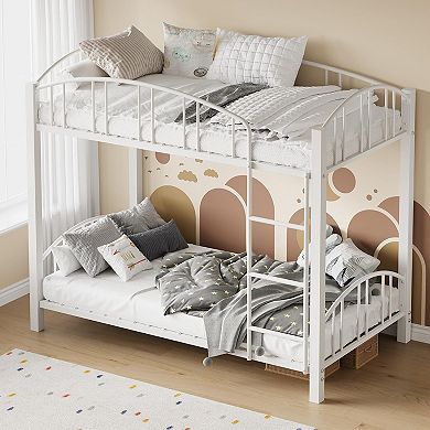 Twin Over Twin Metal Bunk Bed with Stairs & Guardrail, Space-Saving for Kids & Dorm