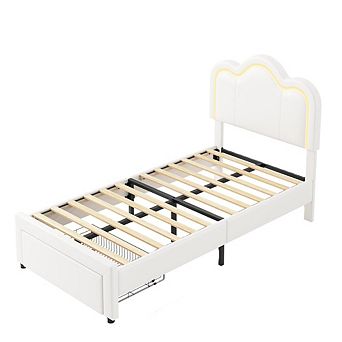 Adjustable Mountain Headboard Kids Bed with LED Lights, Wood Frame & Silent Design