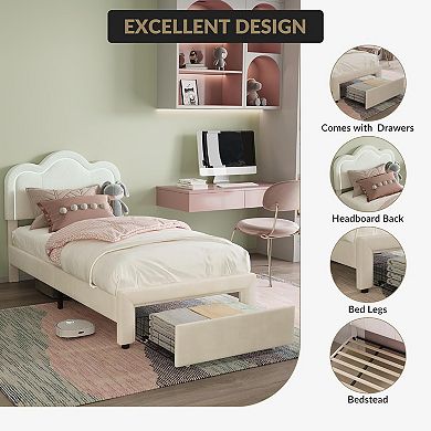 Adjustable Mountain Headboard Kids Bed with LED Lights, Wood Frame & Silent Design