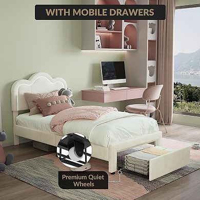 Adjustable Mountain Headboard Kids Bed with LED Lights, Wood Frame & Silent Design