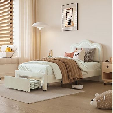 Adjustable Mountain Headboard Kids Bed with LED Lights, Wood Frame & Silent Design