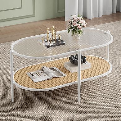 37" Rattan & Glass Oval Coffee Table, 2-Tier Storage, Metal Frame for Living Room, Office