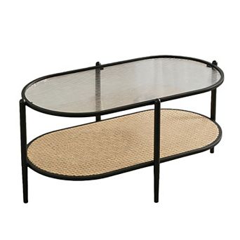 37" Rattan & Glass Oval Coffee Table, 2 tier Storage, Metal Frame for Living Room, Office