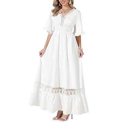 Women's Maxi Dress V Neck Lace Ruffle Short Sleeve Boho Wedding Flowy Long  Dress