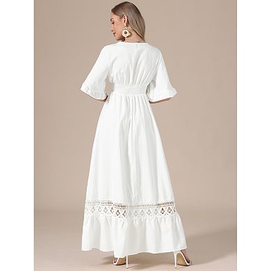 Women's Maxi Dress V Neck Lace Ruffle Short Sleeve Boho Wedding Flowy Long Dress