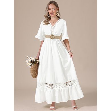 Women's Maxi Dress V Neck Lace Ruffle Short Sleeve Boho Wedding Flowy Long Dress