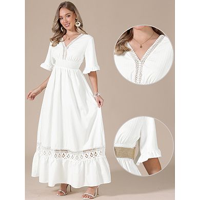 Women's Maxi Dress V Neck Lace Ruffle Short Sleeve Boho Wedding Flowy Long Dress