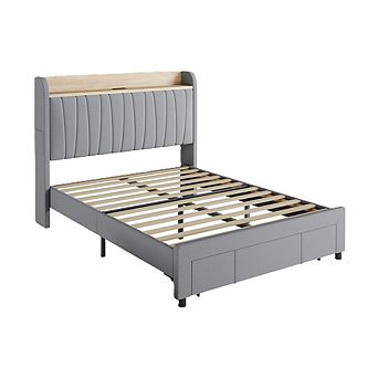 Light Grey Upholstered Bed Frame with Storage Headboard & Charging Station, Noise Free