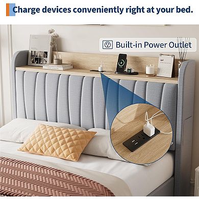 Light Grey Upholstered Bed Frame with Storage Headboard & Charging Station, Noise Free