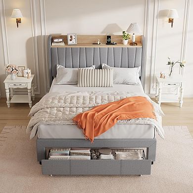 Light Grey Upholstered Bed Frame with Storage Headboard & Charging Station, Noise Free