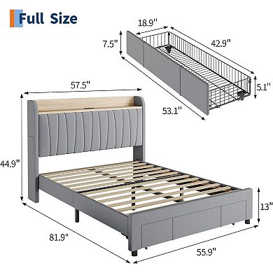 Light Grey Upholstered Bed Frame with Storage Headboard & Charging Station, Noise Free