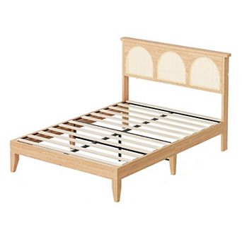 Boho Rattan Bed Frame with LED Headboard, Under Storage & No Box Spring, Easy Assembly