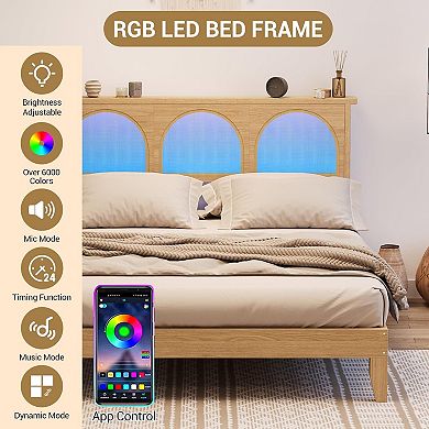 Boho Rattan Bed Frame with LED Headboard, Under Storage & No Box Spring, Easy Assembly