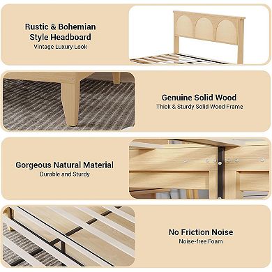 Boho Rattan Bed Frame with LED Headboard, Under Storage & No Box Spring, Easy Assembly