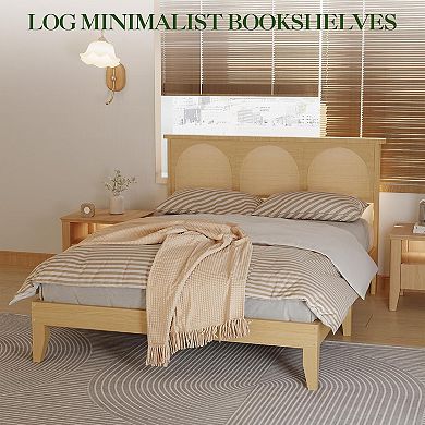Boho Rattan Bed Frame with LED Headboard, Under Storage & No Box Spring, Easy Assembly