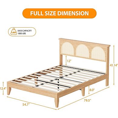 Boho Rattan Bed Frame with LED Headboard, Under Storage & No Box Spring, Easy Assembly