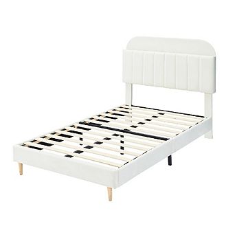 Velvet Platform Bed Frame with Bookcase Headboard, Steel Support Legs & Noise Free