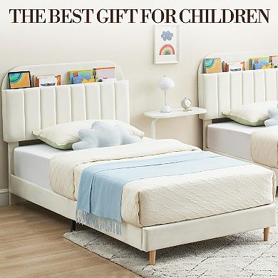 Velvet Platform Bed Frame with Bookcase Headboard, Steel Support Legs & Noise Free