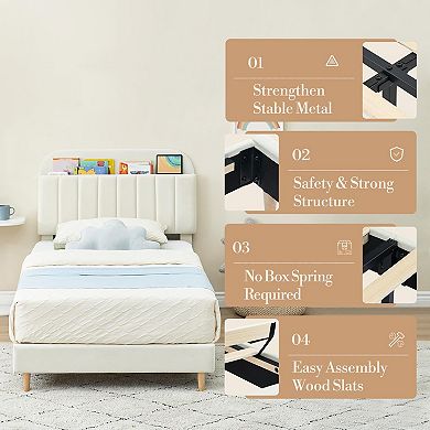 Velvet Platform Bed Frame with Bookcase Headboard, Steel Support Legs & Noise Free