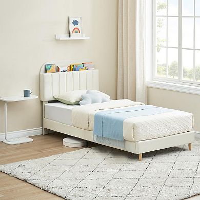 Velvet Platform Bed Frame with Bookcase Headboard, Steel Support Legs & Noise Free