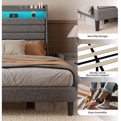 Upholstered Platform Bed Frame with Headboard, Charging, LED Lights & Easy Assembly