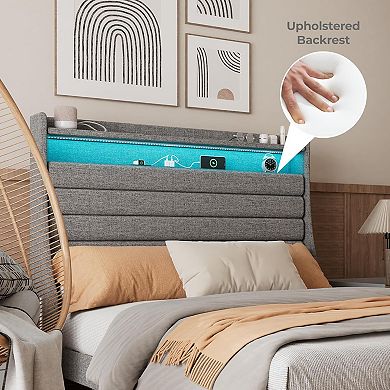Upholstered Platform Bed Frame with Headboard, Charging, LED Lights & Easy Assembly