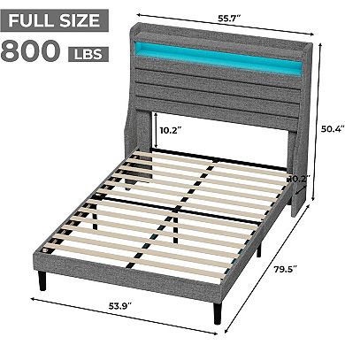 Upholstered Platform Bed Frame with Headboard, Charging, LED Lights & Easy Assembly
