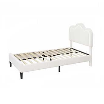 Beige Upholstered Bed Frame with Adjustable Mountain Headboard & LED Lights, Wood Slats