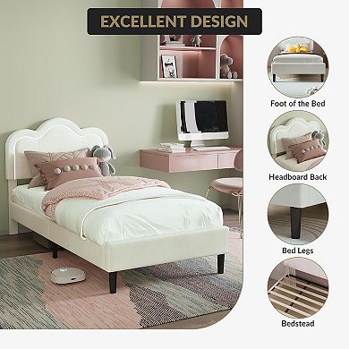 Beige Upholstered Bed Frame with Adjustable Mountain Headboard & LED Lights, Wood Slats