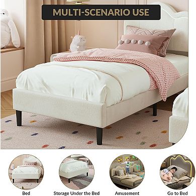 Beige Upholstered Bed Frame with Adjustable Mountain Headboard & LED Lights, Wood Slats