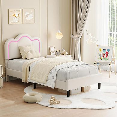 Beige Upholstered Bed Frame with Adjustable Mountain Headboard & LED Lights, Wood Slats