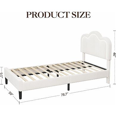 Beige Upholstered Bed Frame with Adjustable Mountain Headboard & LED Lights, Wood Slats