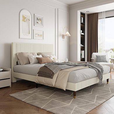 Modern Platform Bed Frame with Upholstered Headboard, Metal Slats & Easy Assembly