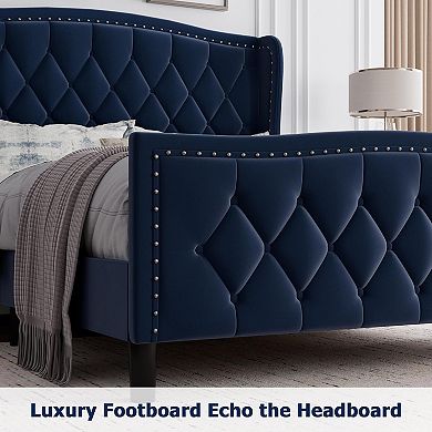 Luxury Velvet Platform Bed Frame with Adjustable Headboard, Wood Slats & Easy Assembly