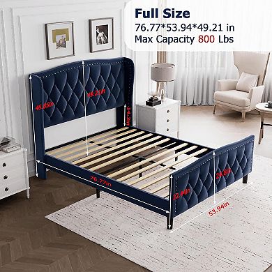 Luxury Velvet Platform Bed Frame with Adjustable Headboard, Wood Slats & Easy Assembly